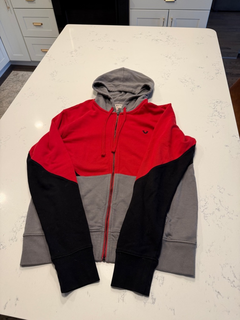 True Religion men’s Red, Gray & Black Colorblock Zip Hoodie